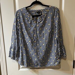 Talbots  Black Checkered Blouse with yellow flowers embroided. 🌻🌻🌻